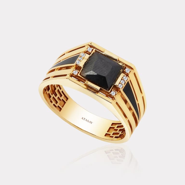 14 Ayar Sarı Altın 0,06 Karat Pırlanta Taşlı Erkek Yüzük